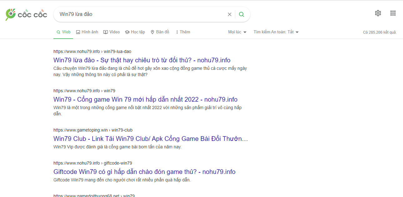 Hình ảnh thông tin win79 lừa đảo không xuất hiện trên google