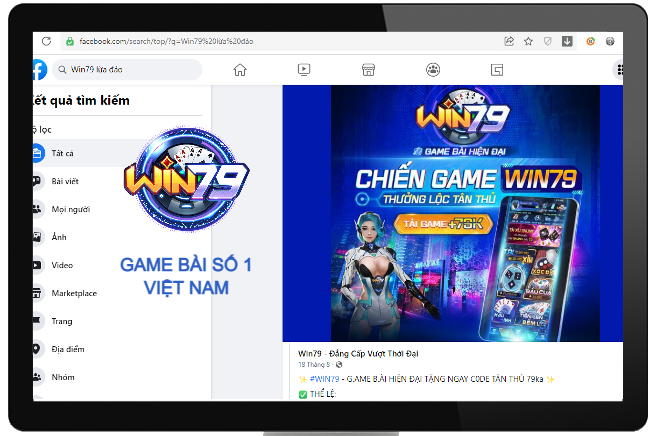 Hình ảnh trang tìm kiếm nội dung Win79 lừa đảo trên Facebook