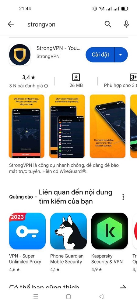 Tìm kiếm ứng dụng StrongVPN tại cửa hàng ứng dụng, tìm hiểu về strongVPN