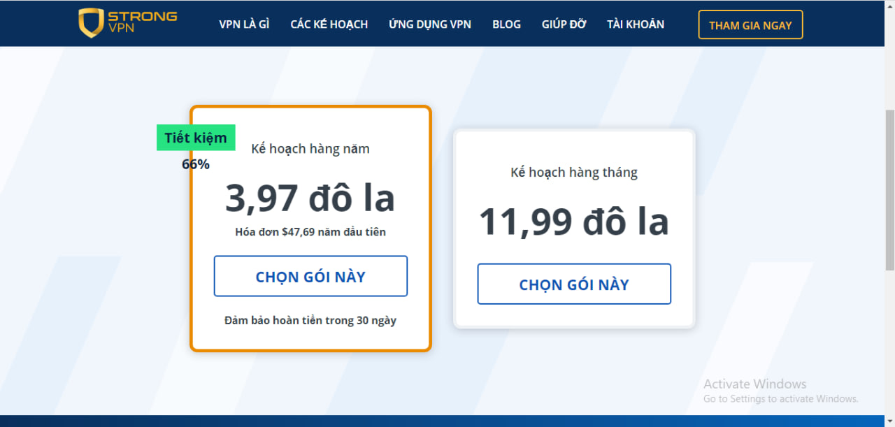 Đăng ký gói dịch vụ trả phí của StrongVPN