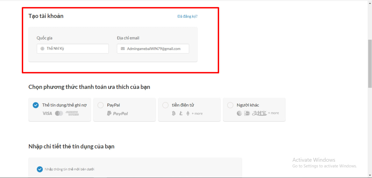 điền thông tin email cá nhân để thanh toán và đăng ký dỊch vụ VPN