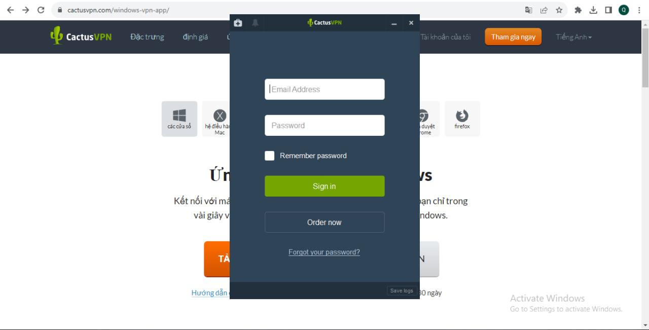 Đăng nhập vào CactusVPN trên máy tính