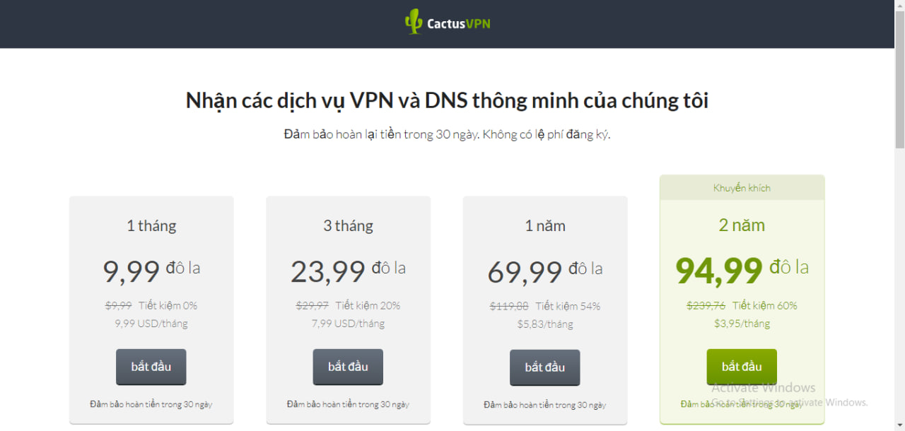 Gói dịch vụ CastusVPN cung cấp hiện nay