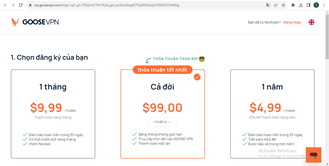 gói dịch vụ Goosevpn trả phí hiện nay