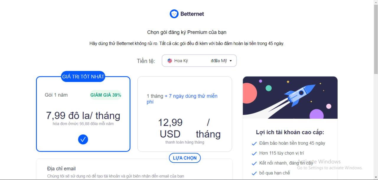 gói trả phí của betternet