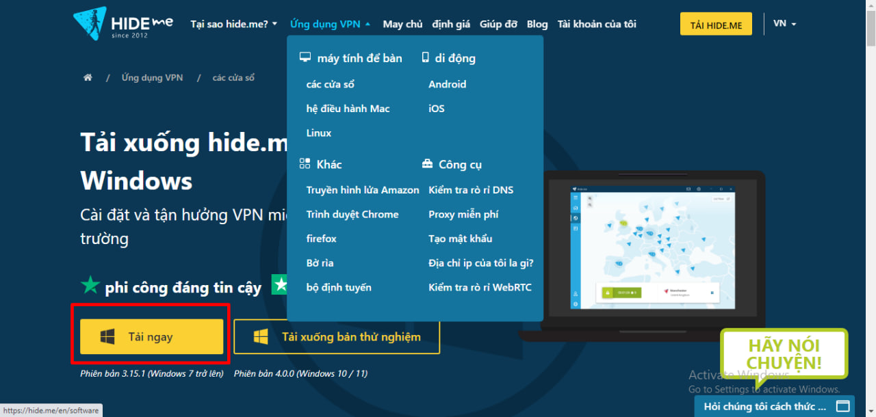 Cài đặt Hide.me theo hệ điều hành của máy tính, cài đặt về máy tính pc/ laptop