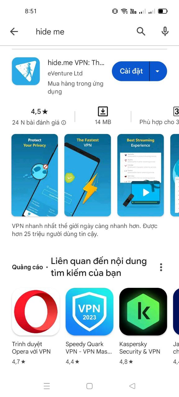 Tìm kiếm từ khóa "Hide.me" trên cửa hàng Google Store